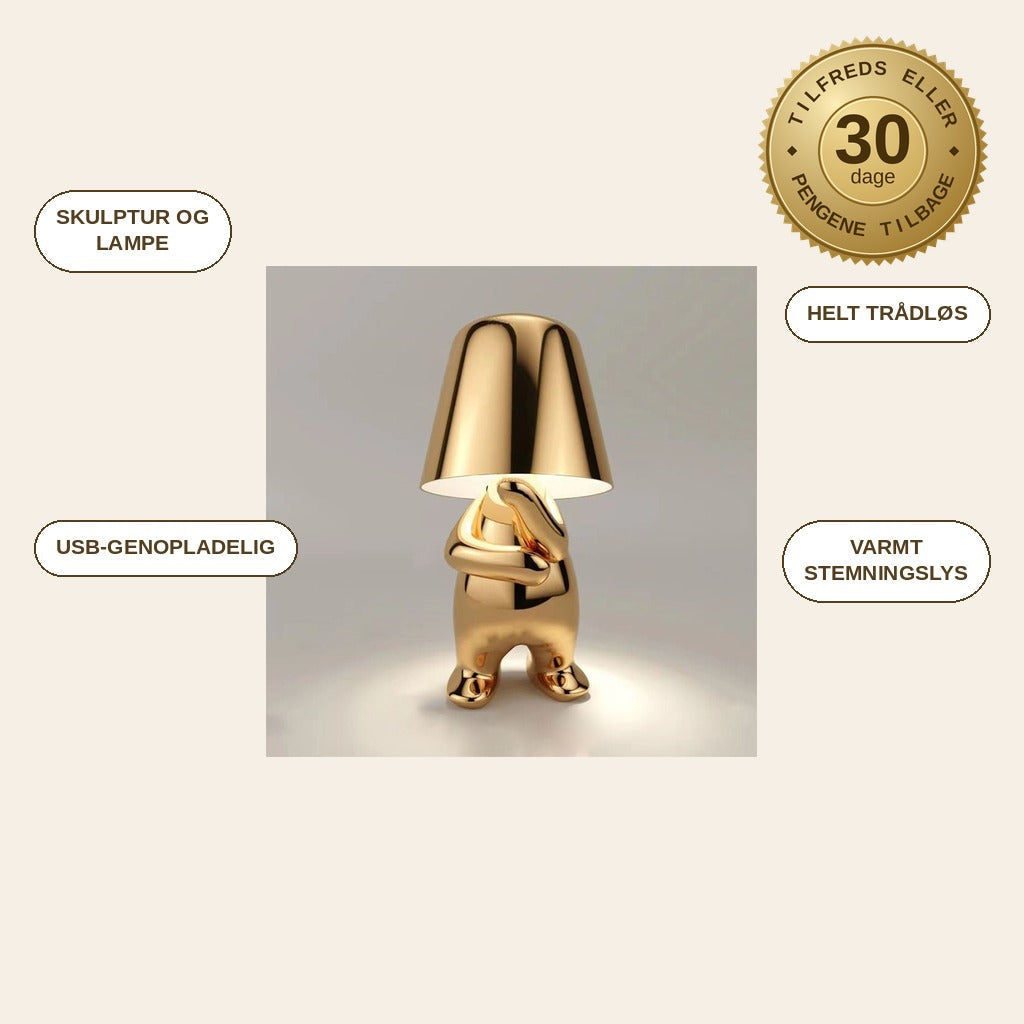 infographie — Guldfigur Bordlampe – Trådløs LED-skulptur med touch-betjening