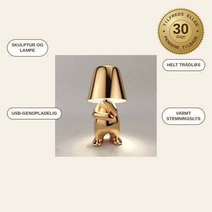 infographie — Guldfigur Bordlampe – Trådløs LED-skulptur med touch-betjening