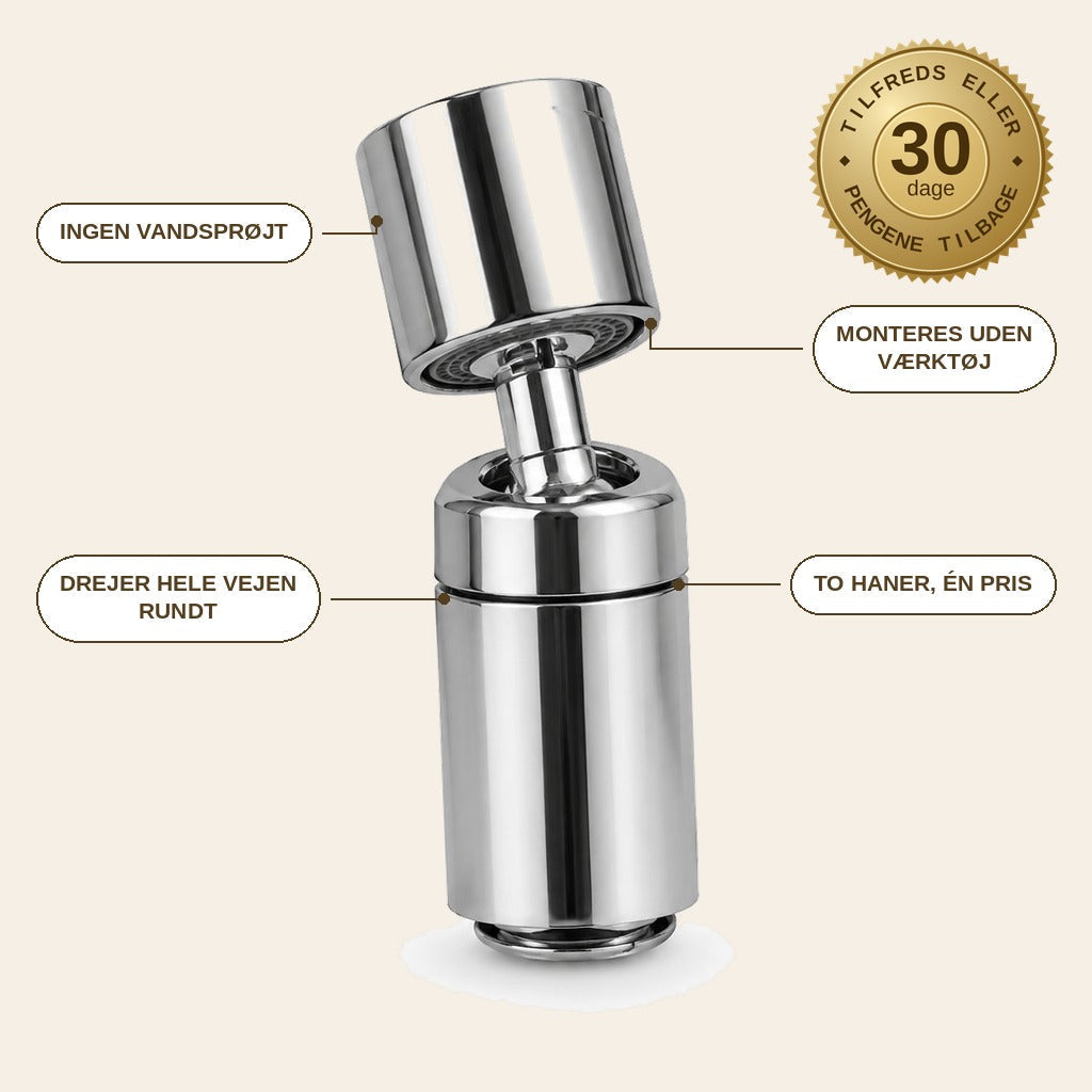 infographie — Drejelig 360° perlator med 3 strålefunktioner – slut med vandsprøjt