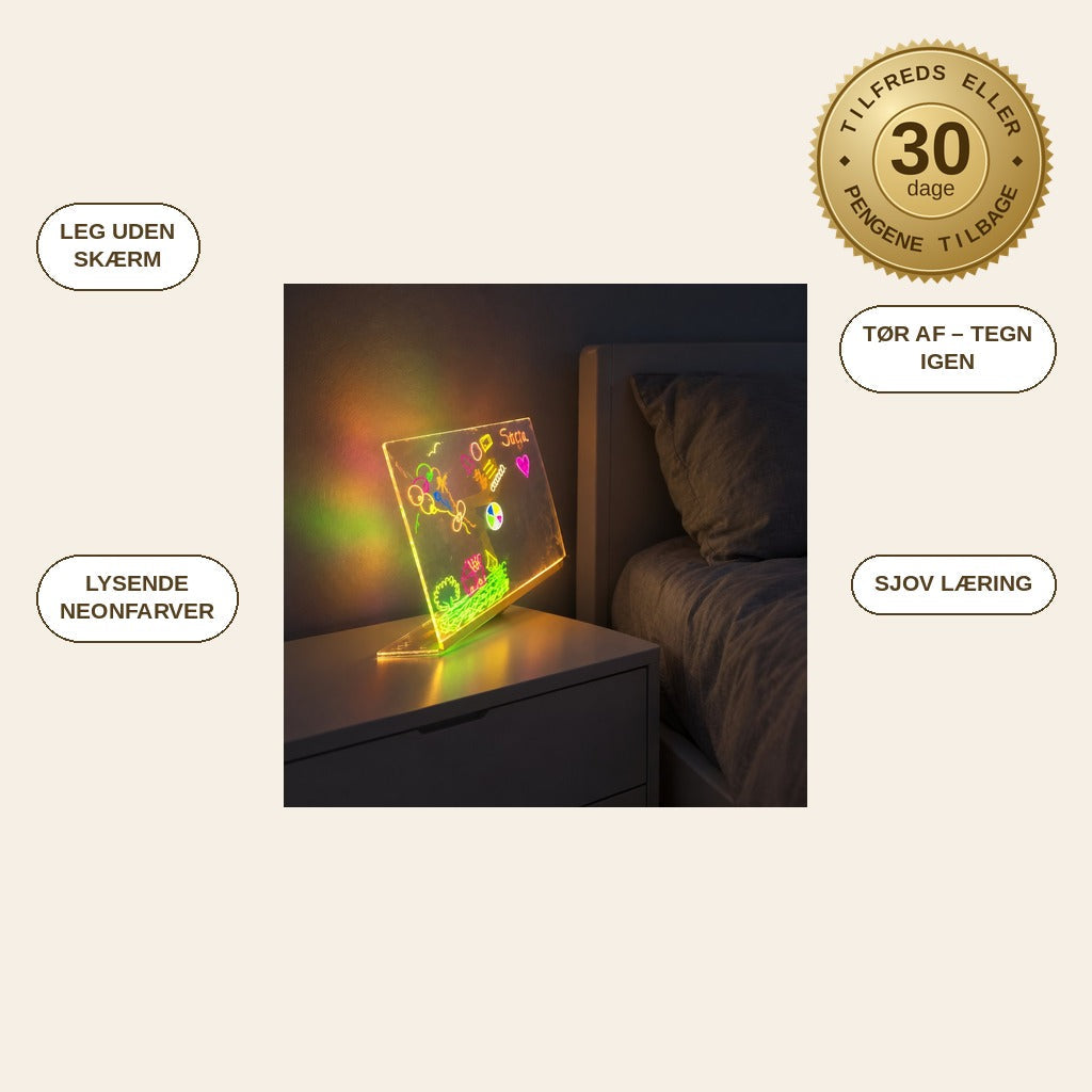 infographie — LysTavle™ – Lysende LED-tegnetavle i akryl til børn (30 × 20 cm)