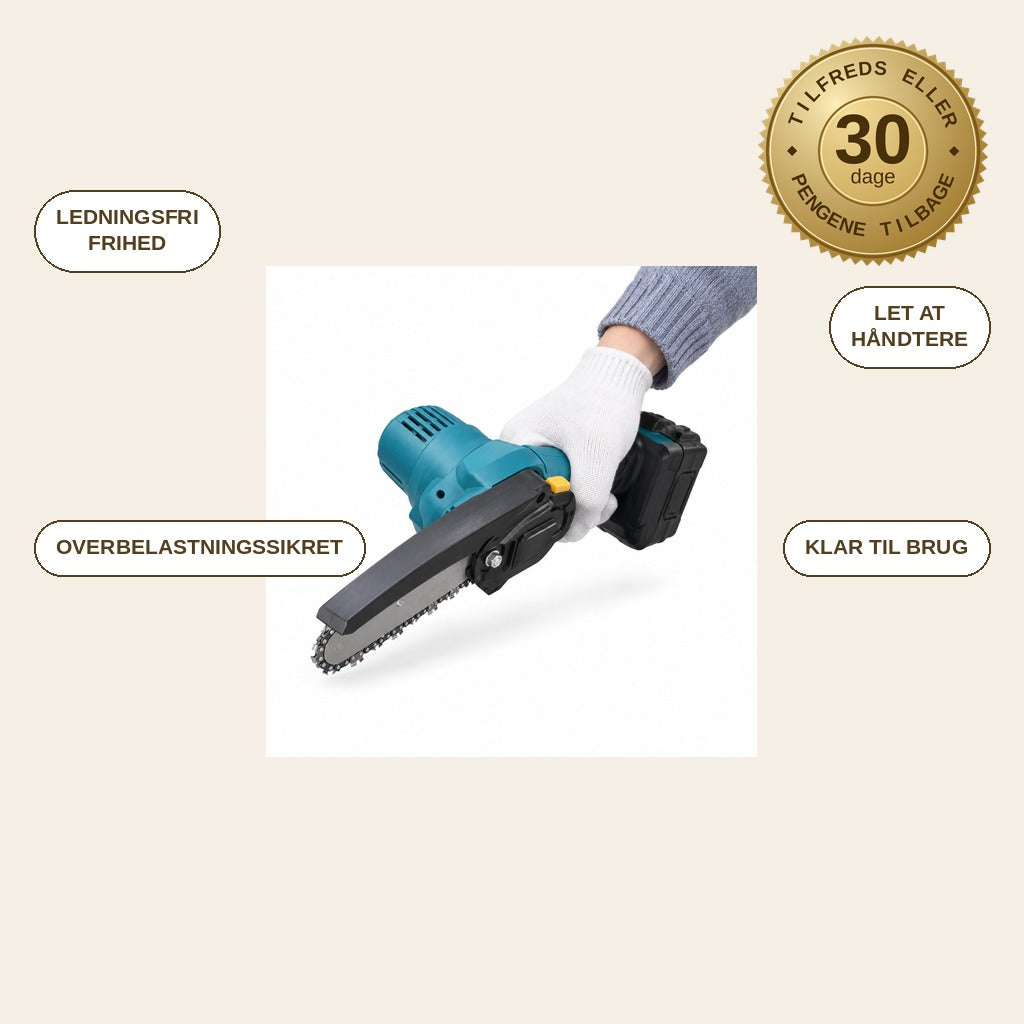 infographie — Ledningsfri mini-motorsav 10 cm – til én hånd, med batteri og oplader