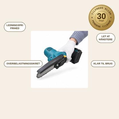 infographie — Ledningsfri mini-motorsav 10 cm – til én hånd, med batteri og oplader