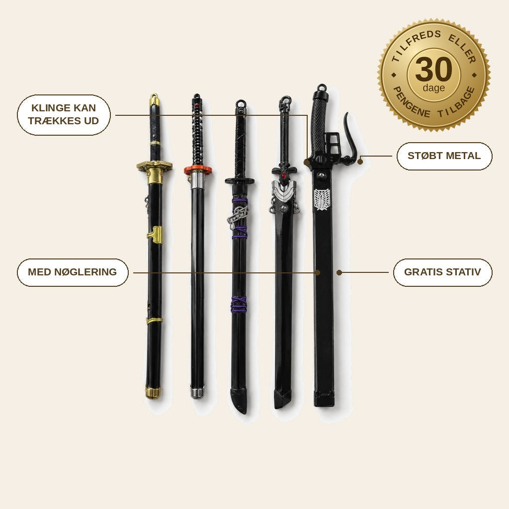 infographie — Mini-katana sæt – 5 sværd i støbt metal med skede og nøglering