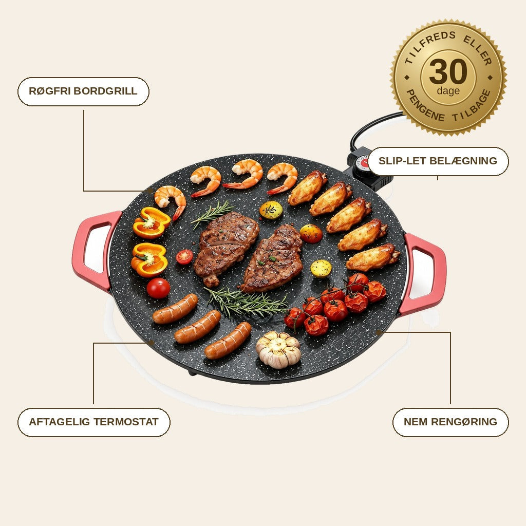 infographie — Rund elektrisk grillpande med termostat – slip-let og røgfri bordgrill