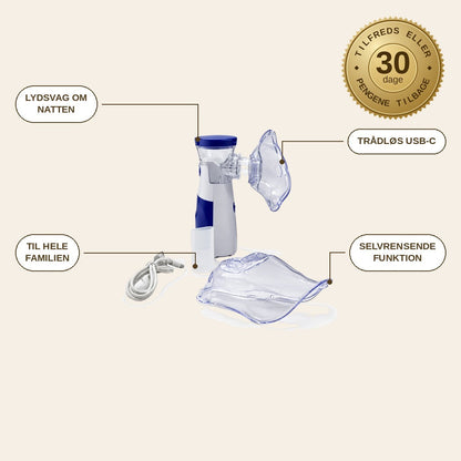 infographie — Bærbar Lydsvag Nebulisator – Trådløs med USB-C