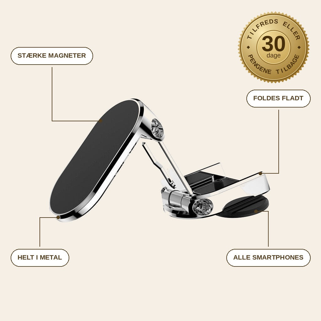 infographie — Magnetisk mobilholder til bil – sammenfoldelig 360° i metal