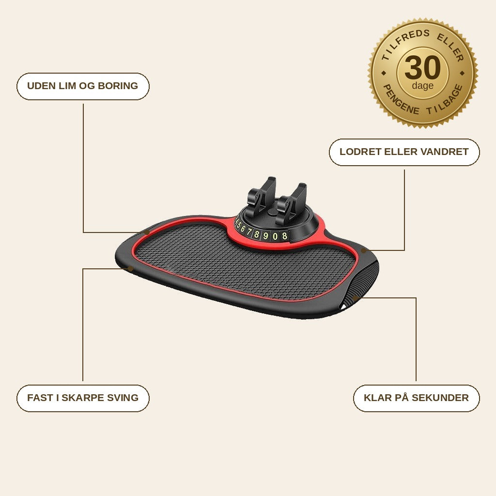 infographie — GripMåtte™ – Skridsikker måtte til instrumentbrættet med 360° telefonholder og parkeringsnummer
