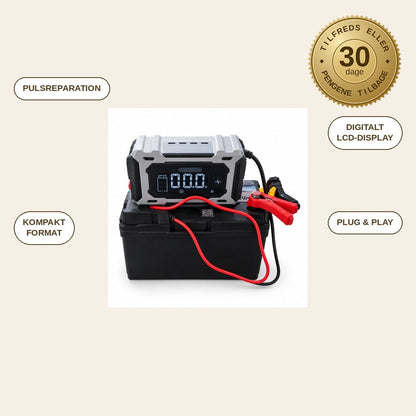 infographie — Intelligent 12V bilbatterioplader med pulsreparation og digitalt display (6–100 Ah)