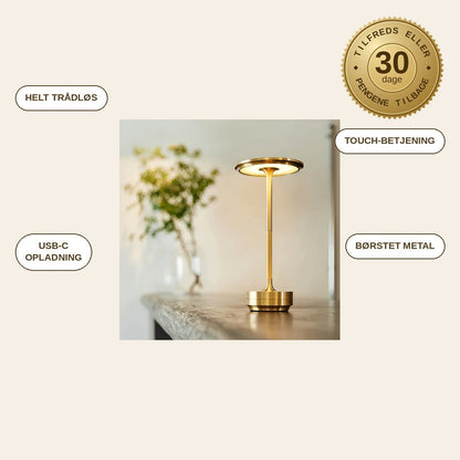 infographie — Lumora™ Trådløs Bordlampe i Metal – Touch & Genopladelig