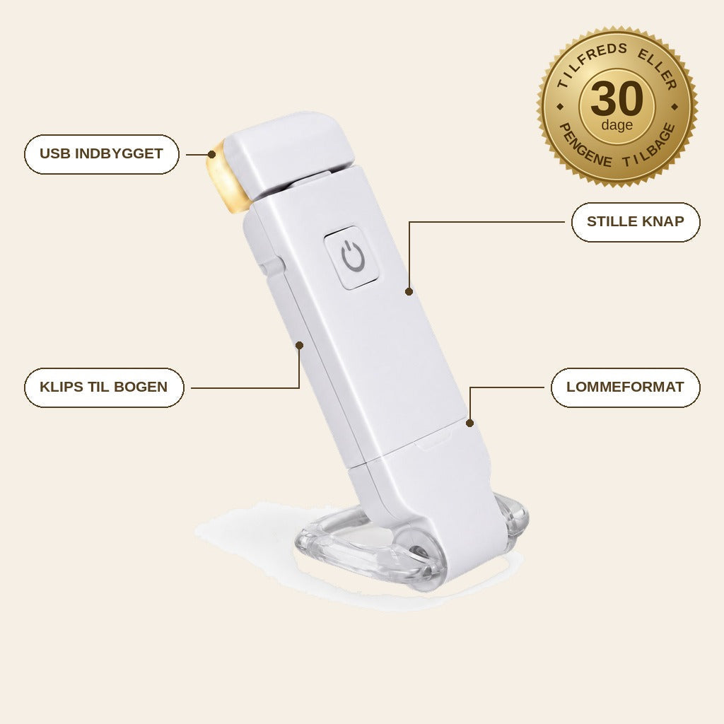 infographie — Læselampe til bøger med klips – 3 lysfarver og indbygget USB