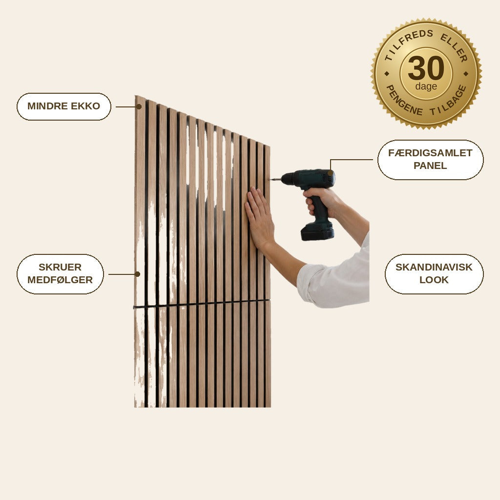 infographie — Akustikpanel med trælameller – lys eg, 240 × 60 cm
