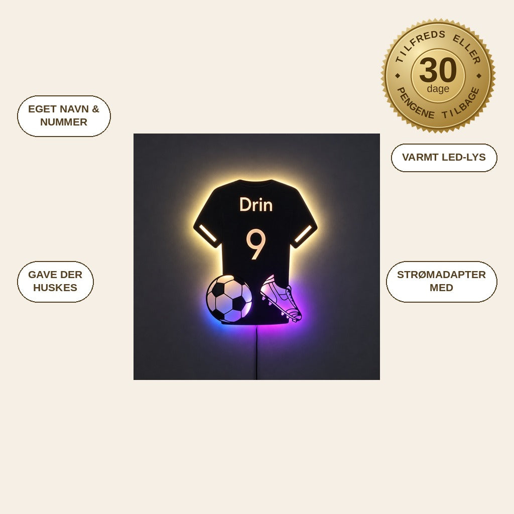 infographie — Personligt LED-fodboldtrøje til væggen – med eget navn og nummer