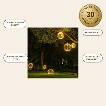 infographie — LED lyskugle sammenklappelig – 360° lys til have, terrasse og altan