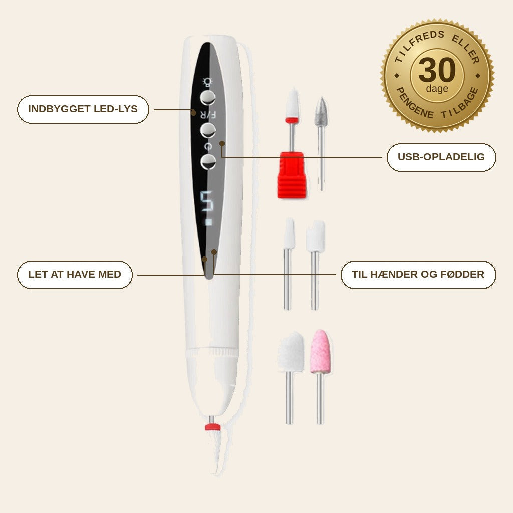 infographie — Elektrisk neglefil med LED-lys – genopladelig, 5 hastigheder