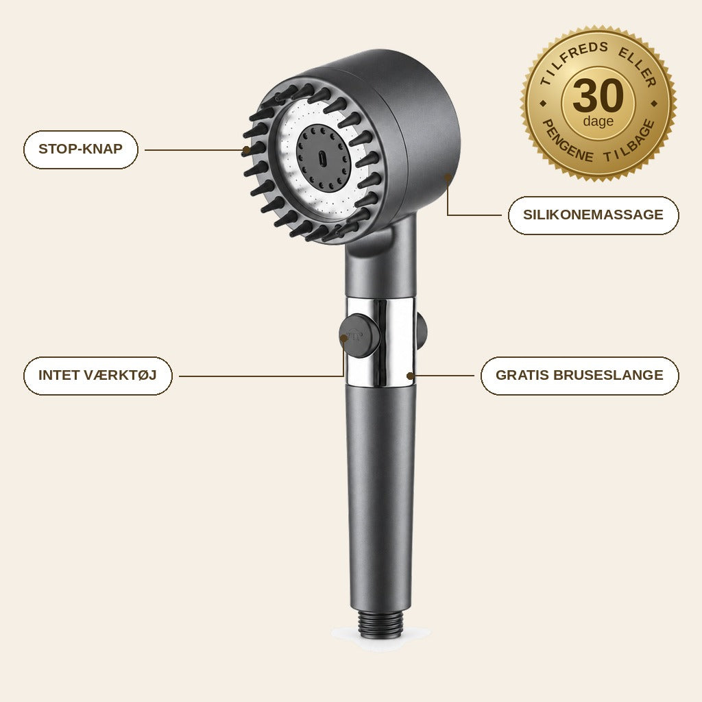 infographie — AquaPure™ Brusehoved 4-i-1 – Filter, Silikonemassage & Stop-knap