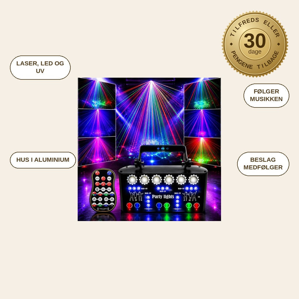infographie — RGB Laser Scenelys – 4-i-1 festlys med laser, LED, UV og stroboskop