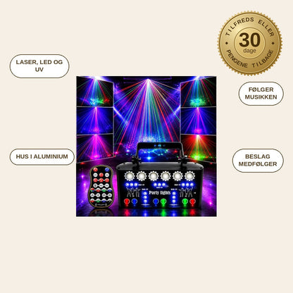 infographie — RGB Laser Scenelys – 4-i-1 festlys med laser, LED, UV og stroboskop