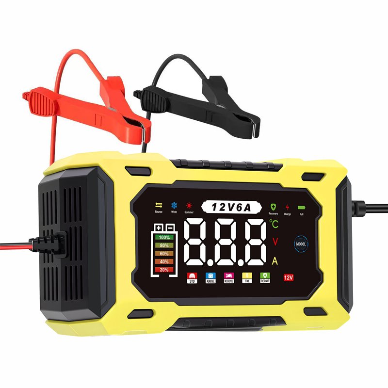 couleur Gul — Intelligent 12V bilbatterioplader med pulsreparation og digitalt display (6–100 Ah)