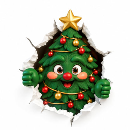 couleur Juletræ med guldstjerne — 3D Julemand Wallsticker – Julemanden kigger ind gennem væggen