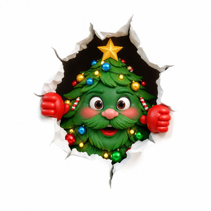 couleur Juletræ med pynt — 3D Julemand Wallsticker – Julemanden kigger ind gennem væggen
