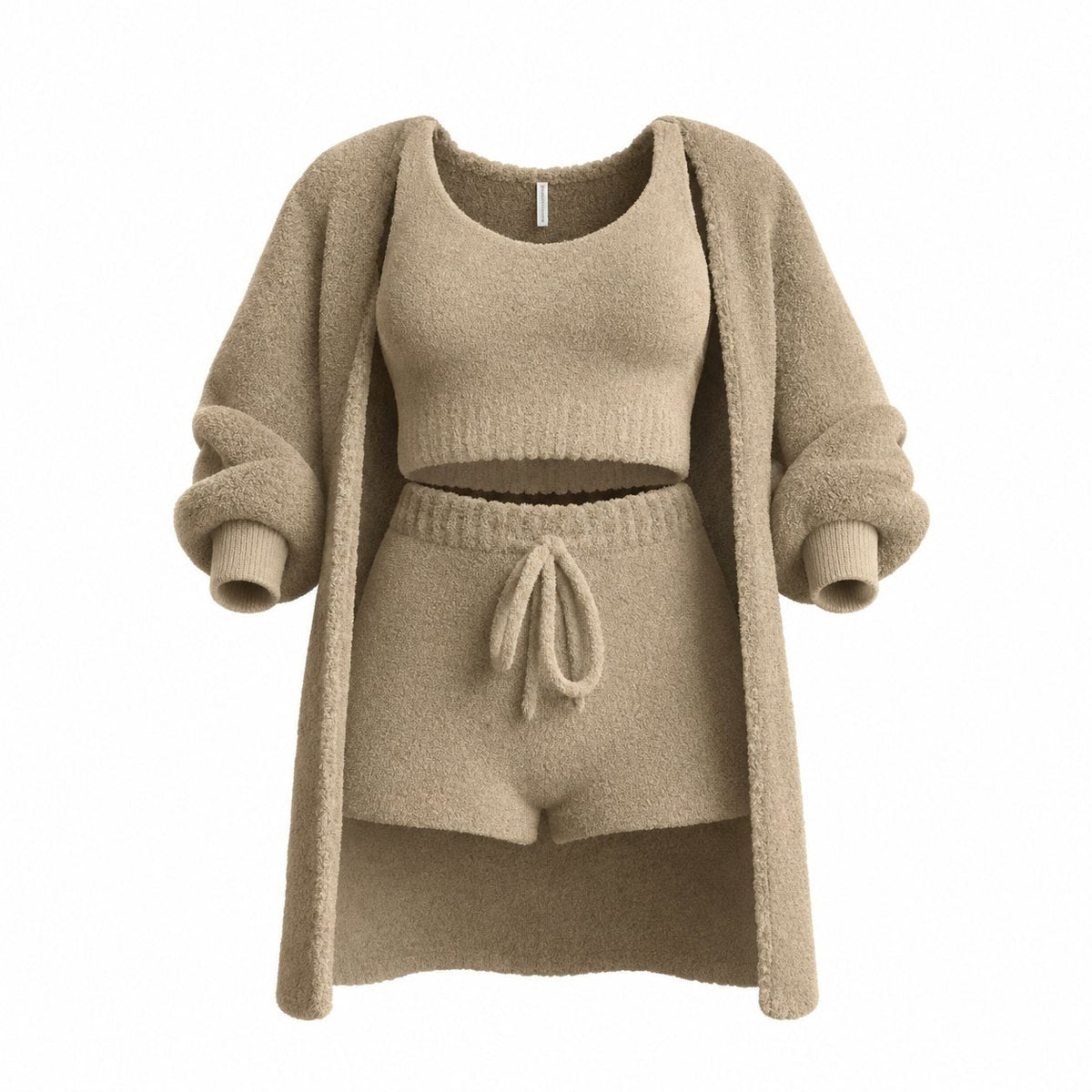 couleur Khaki — HyggeSæt™ – Blødt bouclé-loungesæt i 3 dele: cardigan, top og shorts