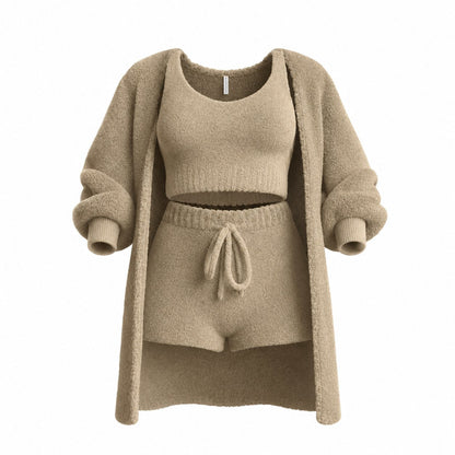 couleur Khaki — HyggeSæt™ – Blødt bouclé-loungesæt i 3 dele: cardigan, top og shorts