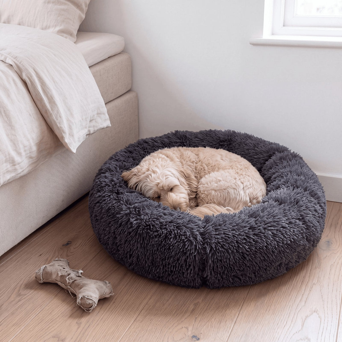 couleur Koksgrå — Beroligende donut hundeseng – langhåret