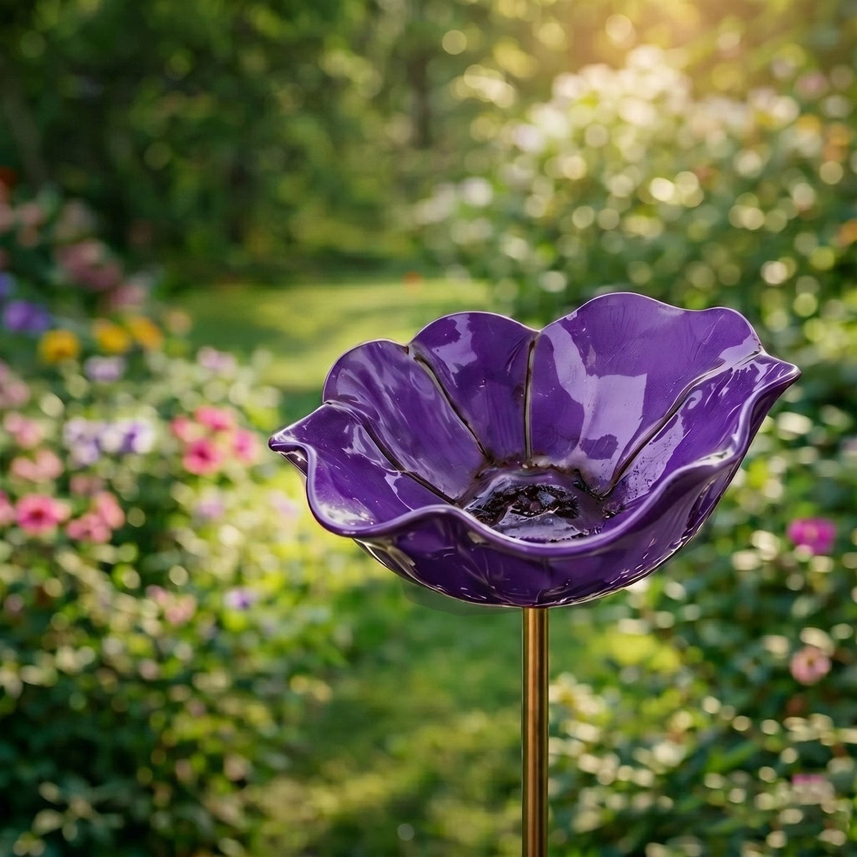 couleur Lilla — Blomsterfuglebad på spyd – håndformet glaseret blomst til haven