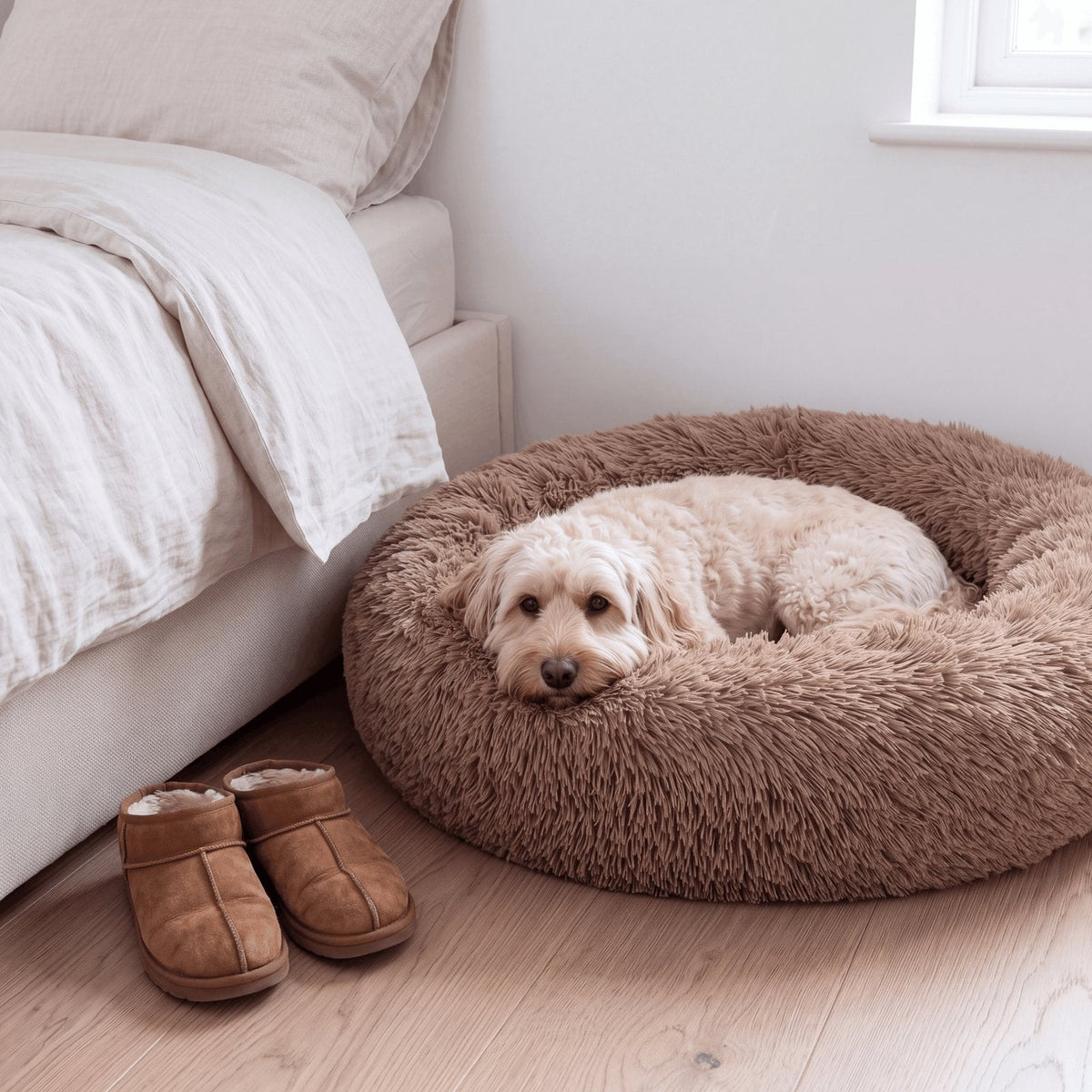 couleur Brun — Beroligende donut hundeseng – langhåret