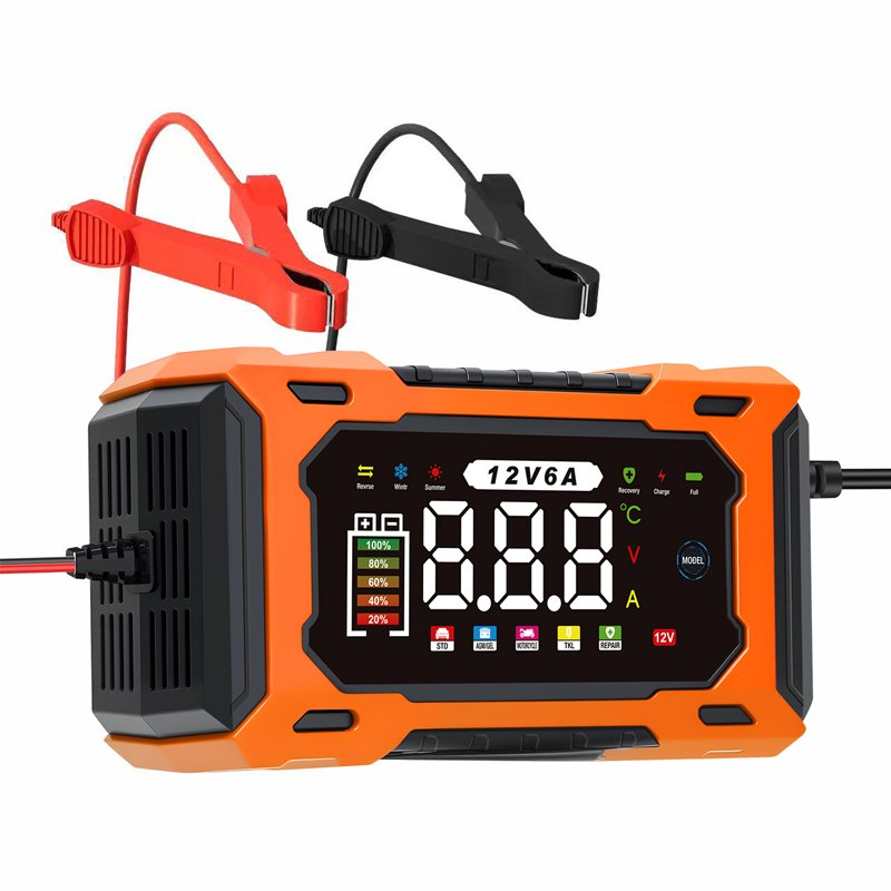 couleur Orange — Intelligent 12V bilbatterioplader med pulsreparation og digitalt display (6–100 Ah)