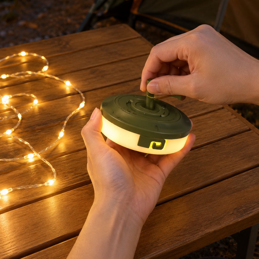 situation — Oprullelig campinglyskæde – 10 m varmt lys med magnet og indbygget powerbank