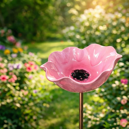 couleur Pink — Blomsterfuglebad på spyd – håndformet glaseret blomst til haven