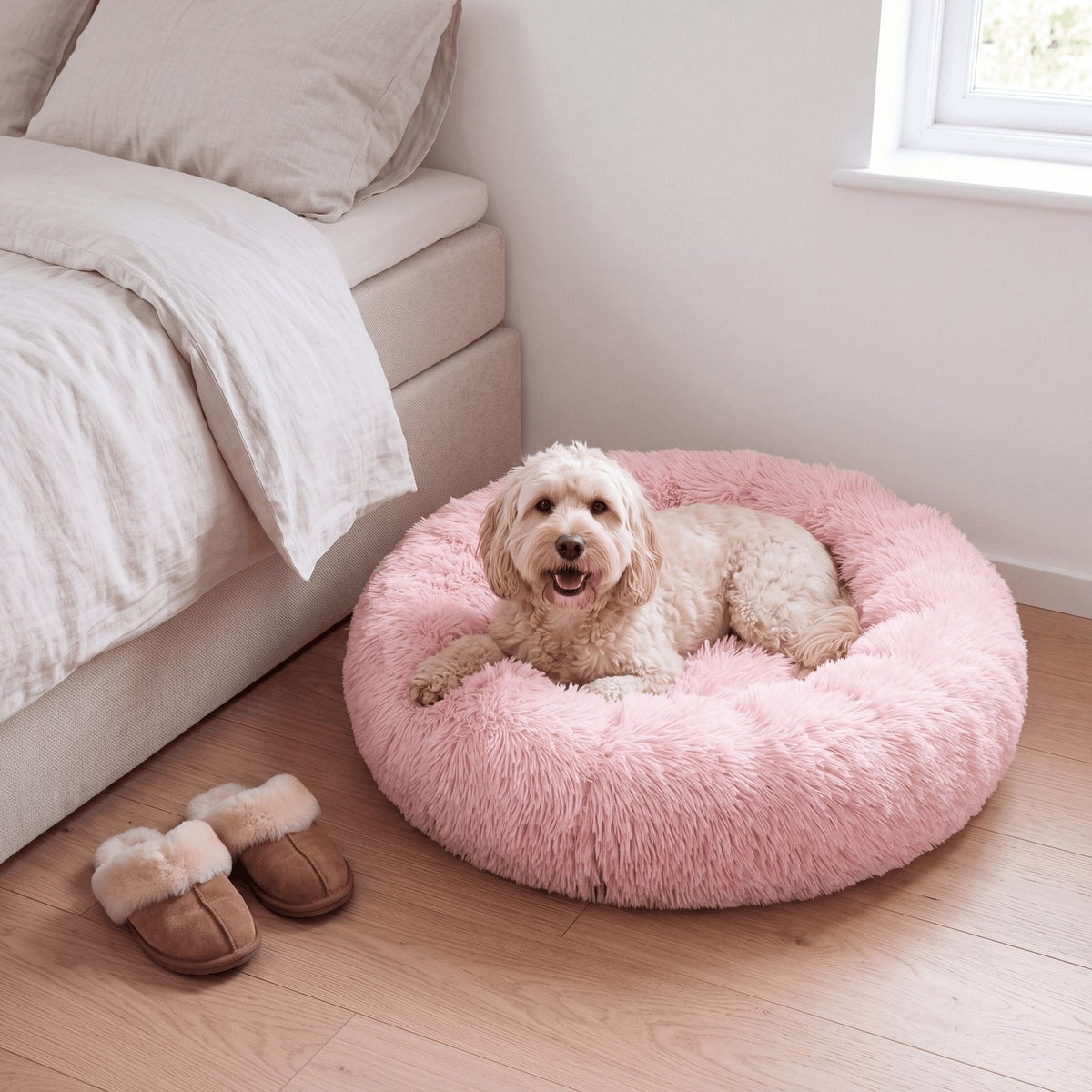 couleur Pink — Beroligende donut hundeseng – langhåret