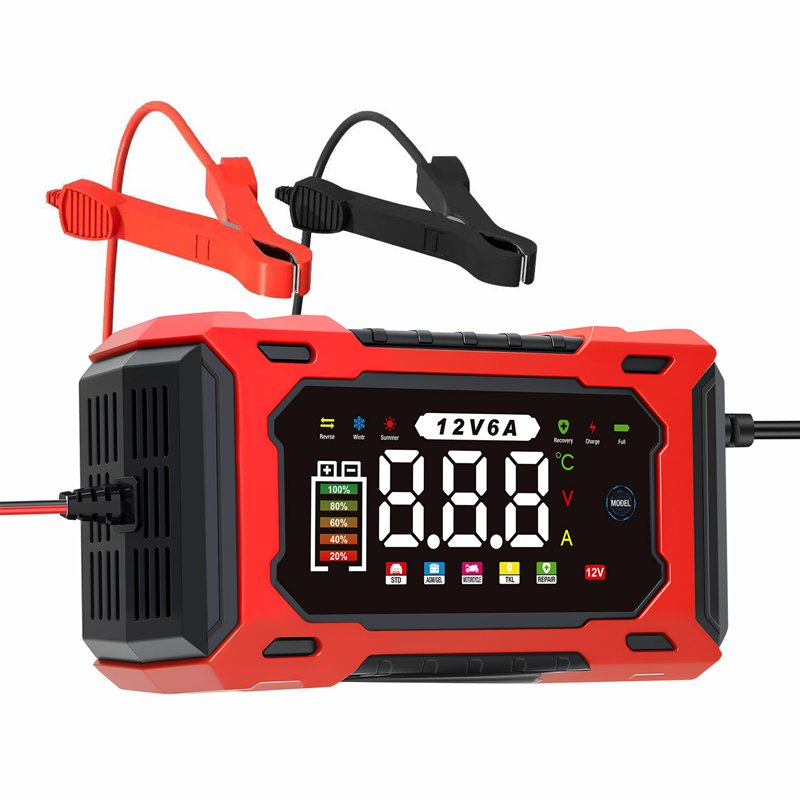 couleur Rød — Intelligent 12V bilbatterioplader med pulsreparation og digitalt display (6–100 Ah)