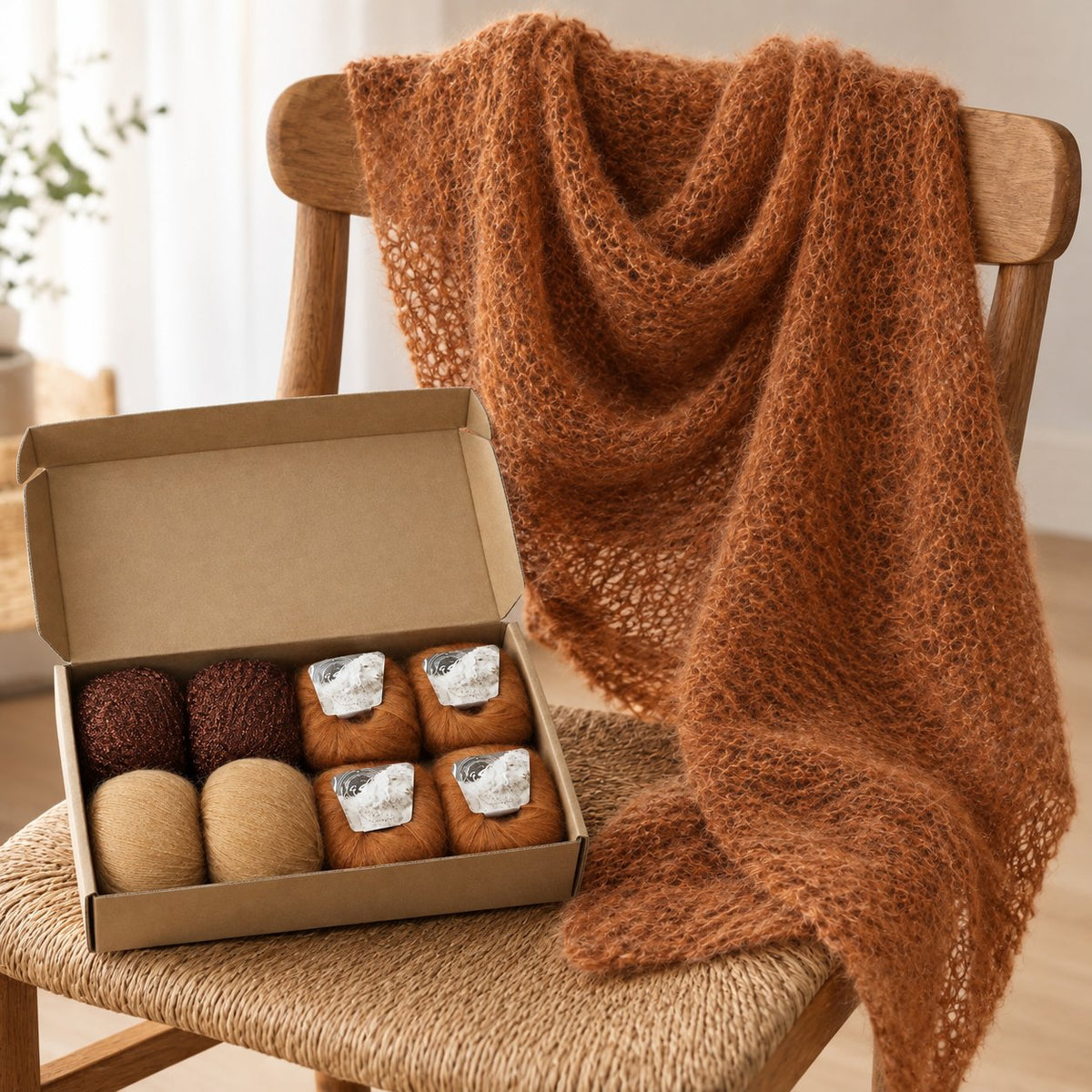 situation — SilkeSky™ Strikkekit – blødt mohair-sjal til begyndere, inkl. opskrift og 8 nøgler