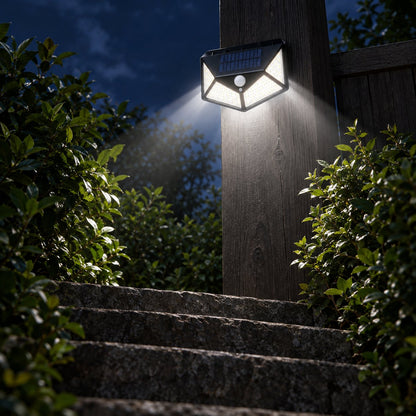 situation — Solcelle Væglampe med Bevægelsessensor – 100 LED, Lys til 4 Sider