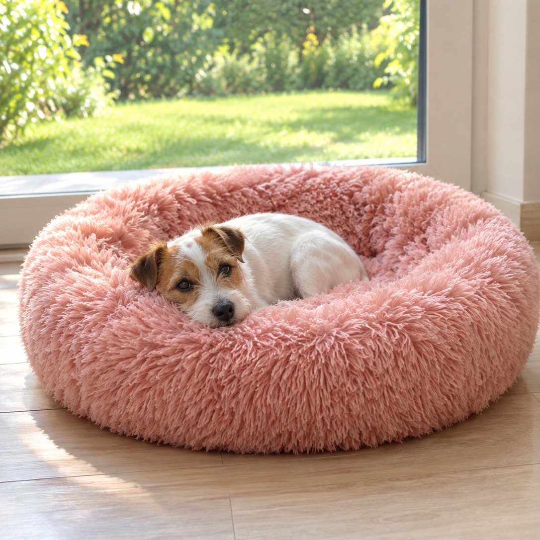 situation — HyggeRede™ – Blød donut-hundeseng med høj kant og lang, luftig pels