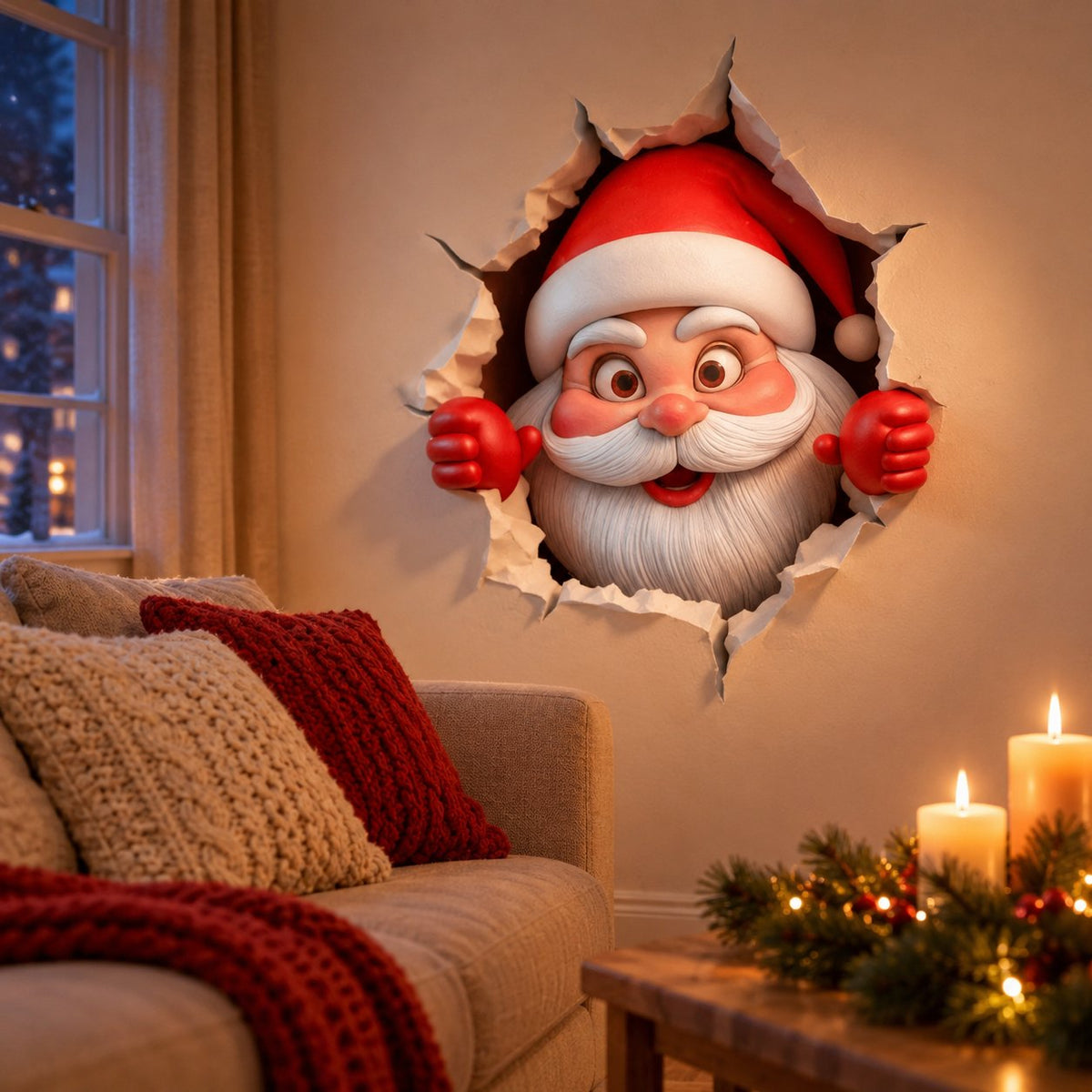 situation — 3D Julemand Wallsticker – Julemanden kigger ind gennem væggen