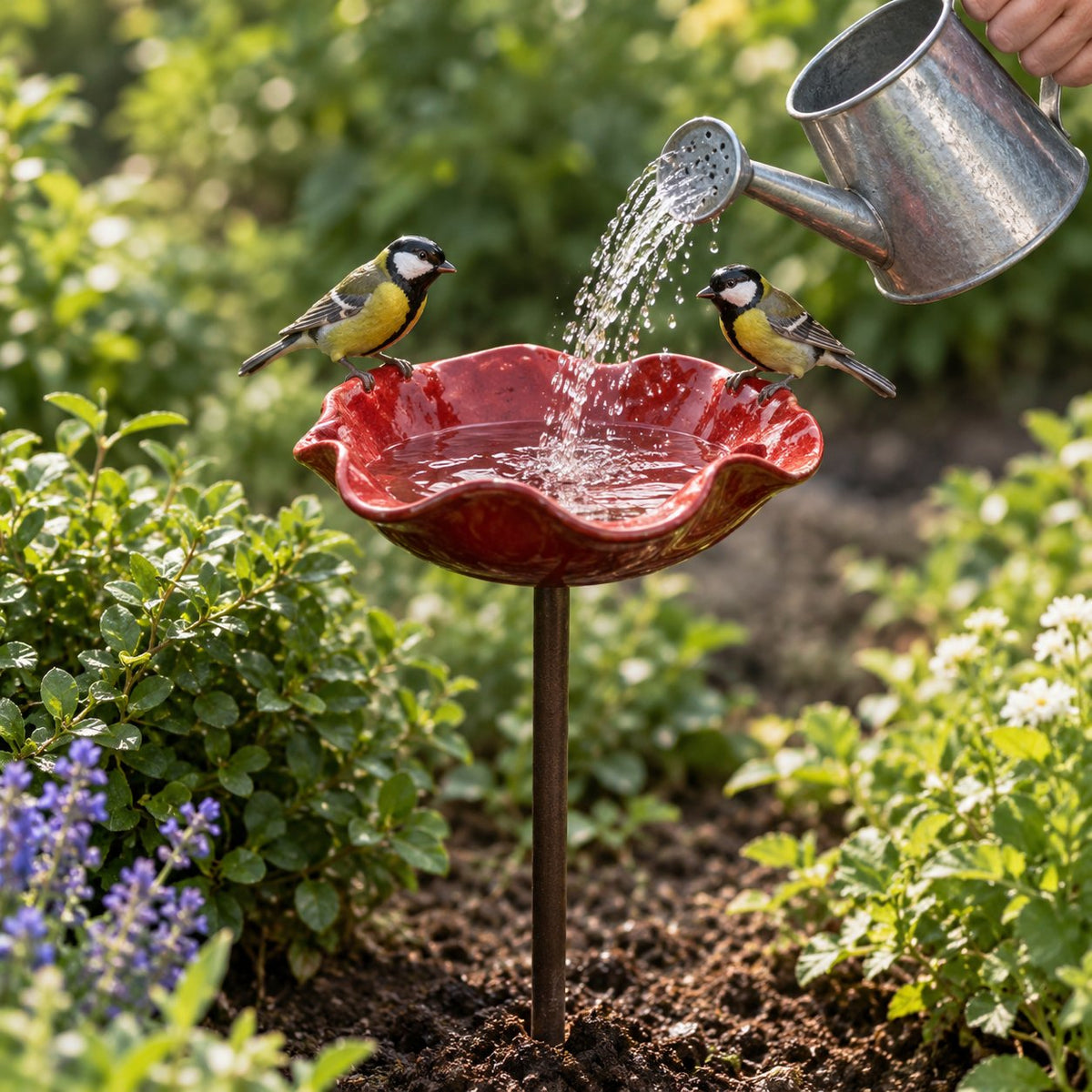 situation — Blomsterfuglebad på spyd – håndformet glaseret blomst til haven