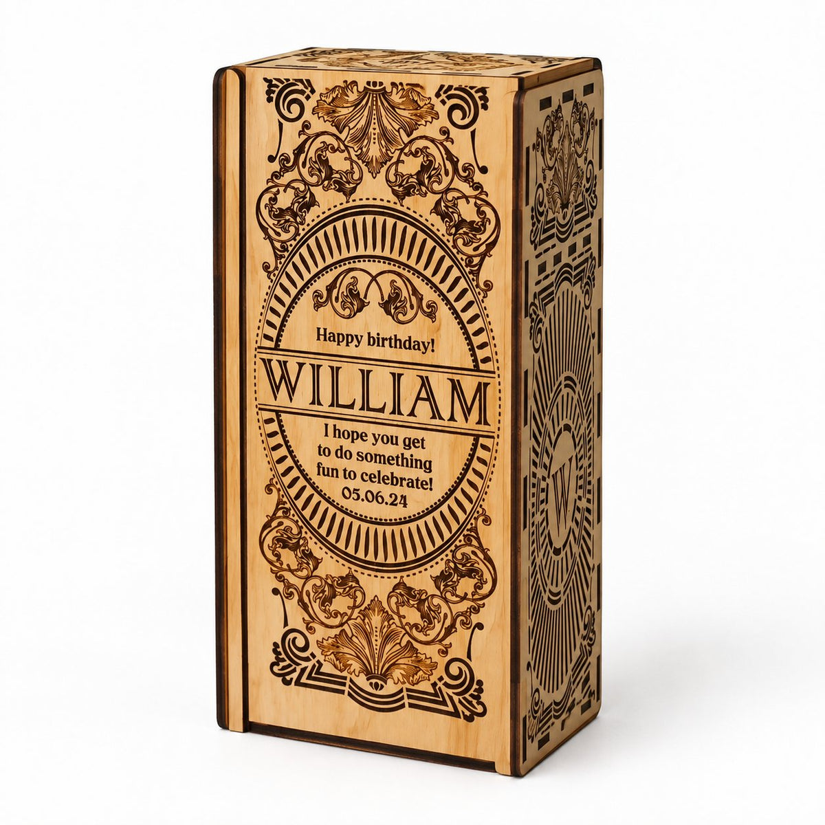 packshot — Whisky Gaveæske i Træ med Lasergravering
