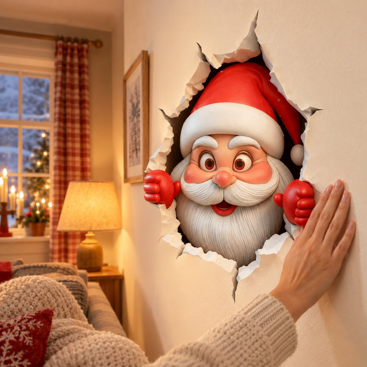 situation — 3D Julemand Wallsticker – Julemanden kigger ind gennem væggen
