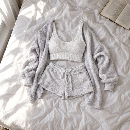 situation — HyggeSæt™ – Blødt bouclé-loungesæt i 3 dele: cardigan, top og shorts
