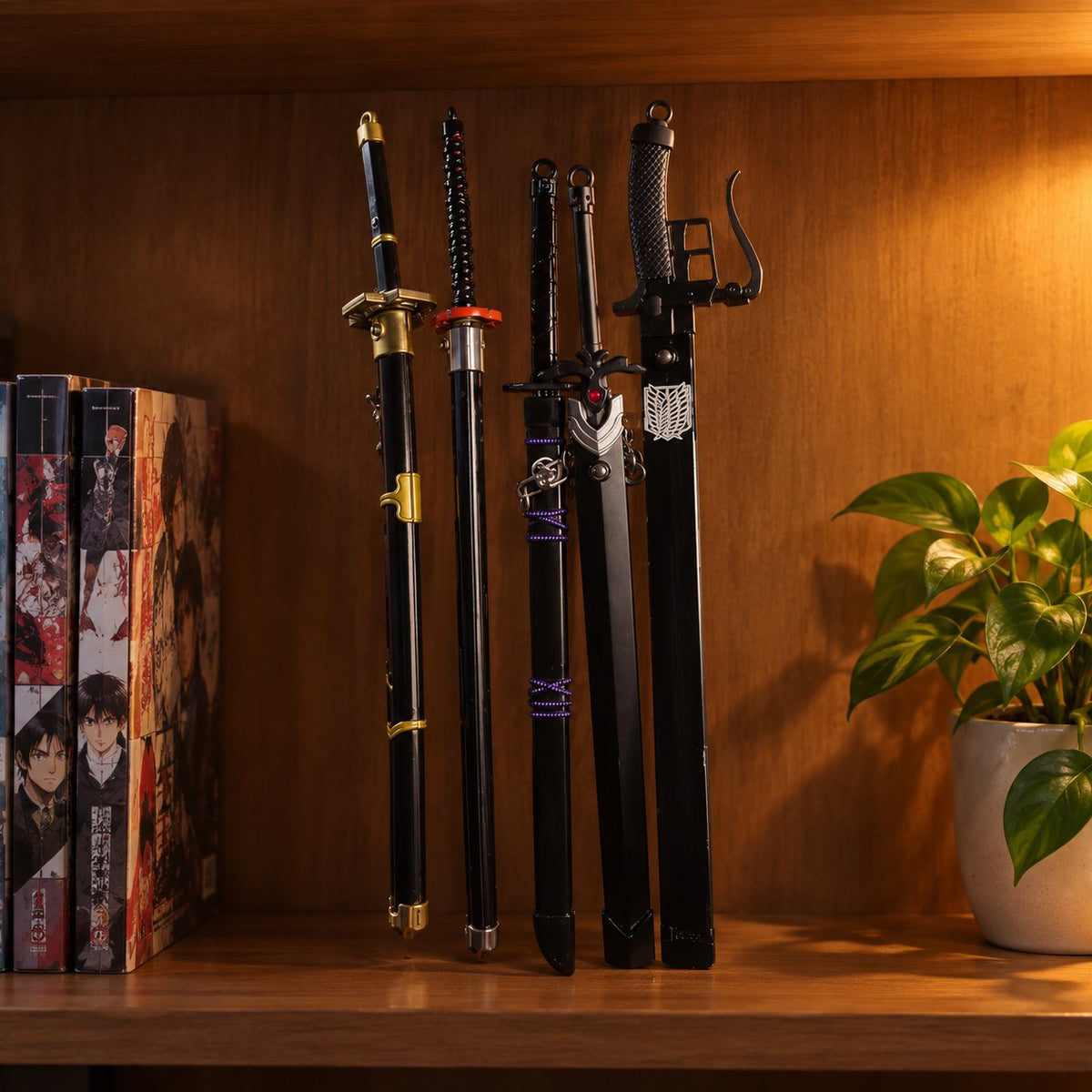 situation — Mini-katana sæt – 5 sværd i støbt metal med skede og nøglering