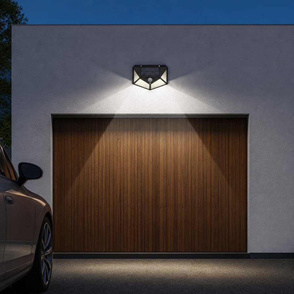 situation — Solcelle Væglampe med Bevægelsessensor – 100 LED, Lys til 4 Sider