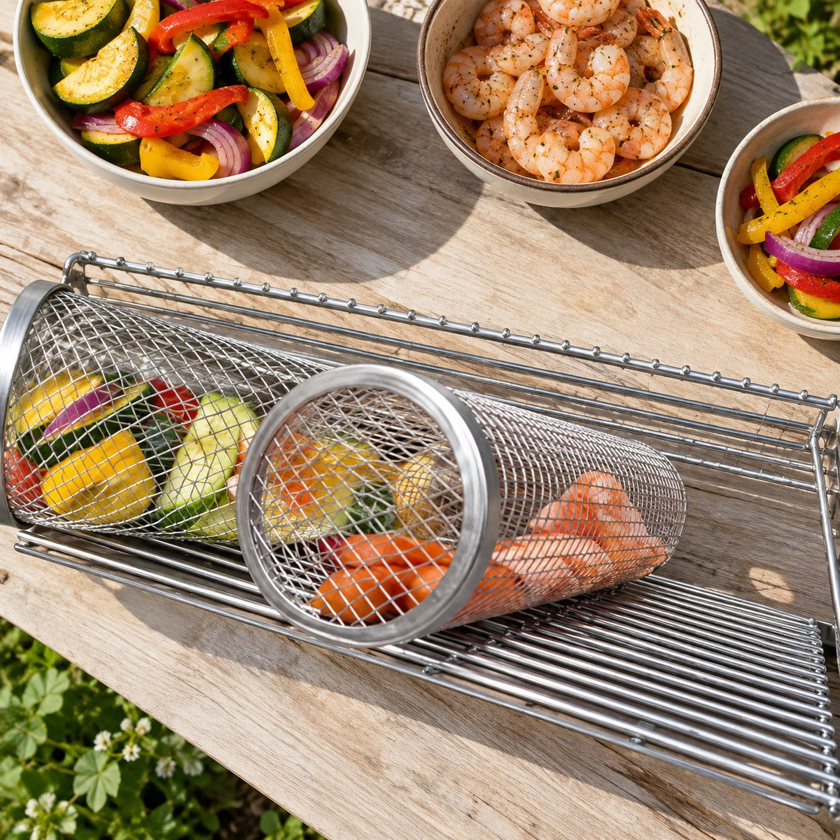 situation — Rullende grillkurv i rustfrit stål
