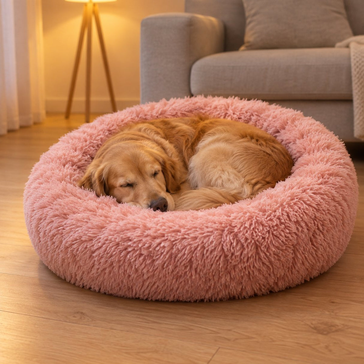 situation — HyggeRede™ – Blød donut-hundeseng med høj kant og lang, luftig pels