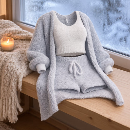 situation — HyggeSæt™ – Blødt bouclé-loungesæt i 3 dele: cardigan, top og shorts