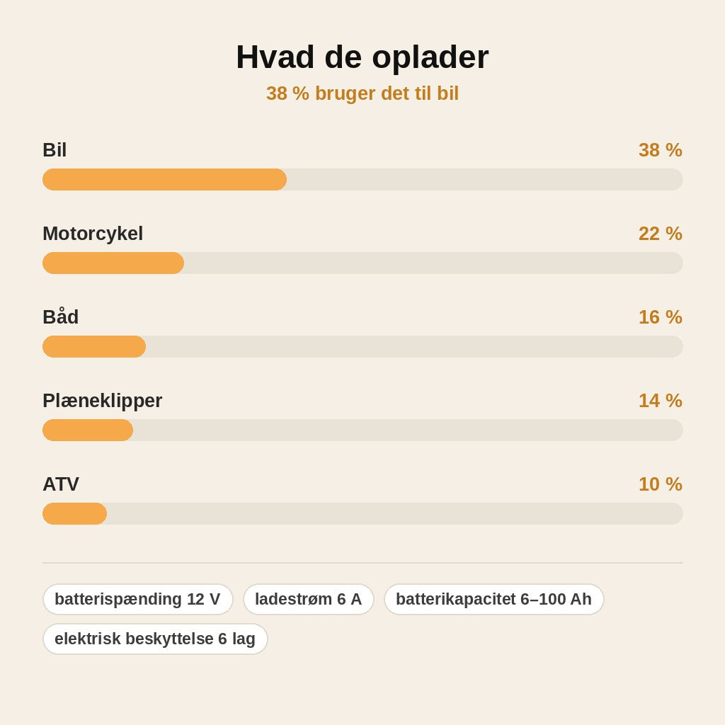 stats — Intelligent 12V bilbatterioplader med pulsreparation og digitalt display (6–100 Ah)
