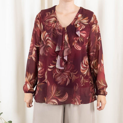 variante Bordeaux — Chiffonbluse med flæsekrave – Onesize S-2XL