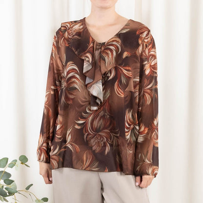 variante Chokolade — Chiffonbluse med flæsekrave – Onesize S-2XL